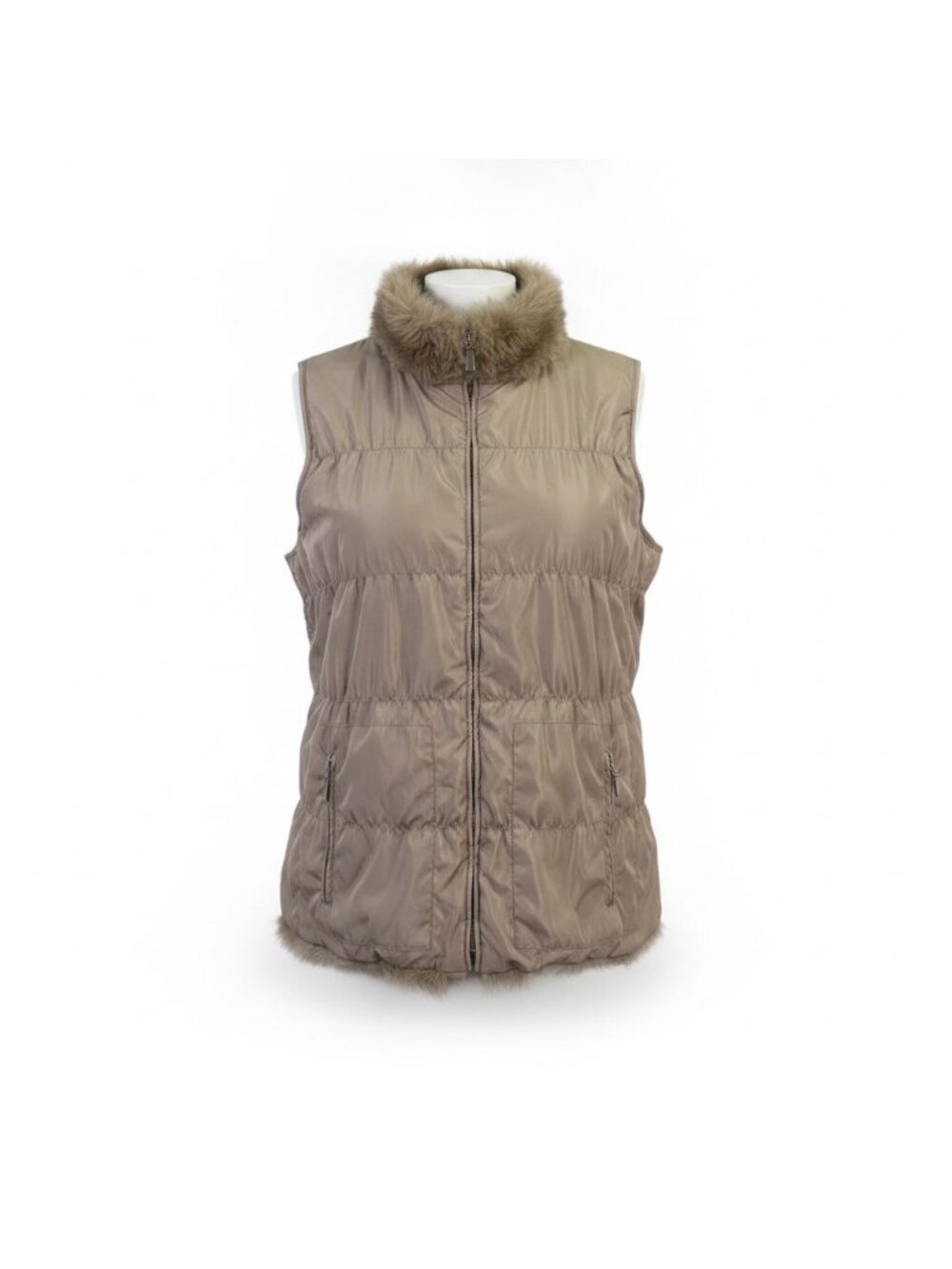 Chicos Womens Beige Faux Fur Collar Quilted Vest Size 2